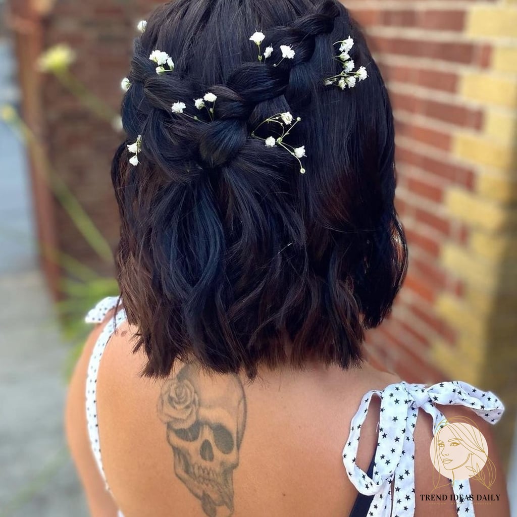22 Easy Prom Hairstyles For Short Hair You'll Want to Re-Create Immediately 4 Braided Half Up with Flowers