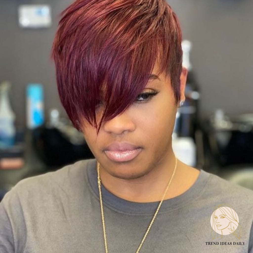 19 Cute Hair Colors For Short Hair for When You Need a Fresh Change 15 Burgundy Pixie with Long Bangs