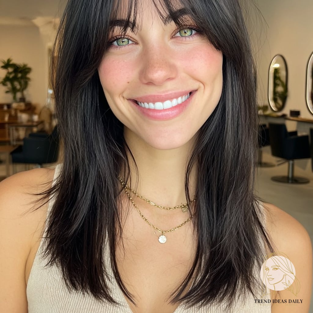 15 Cute Medium Hairstyles Looks That Will Seriously Inspire You 6 Charming Jet-Black Lob with Feathered Fringe