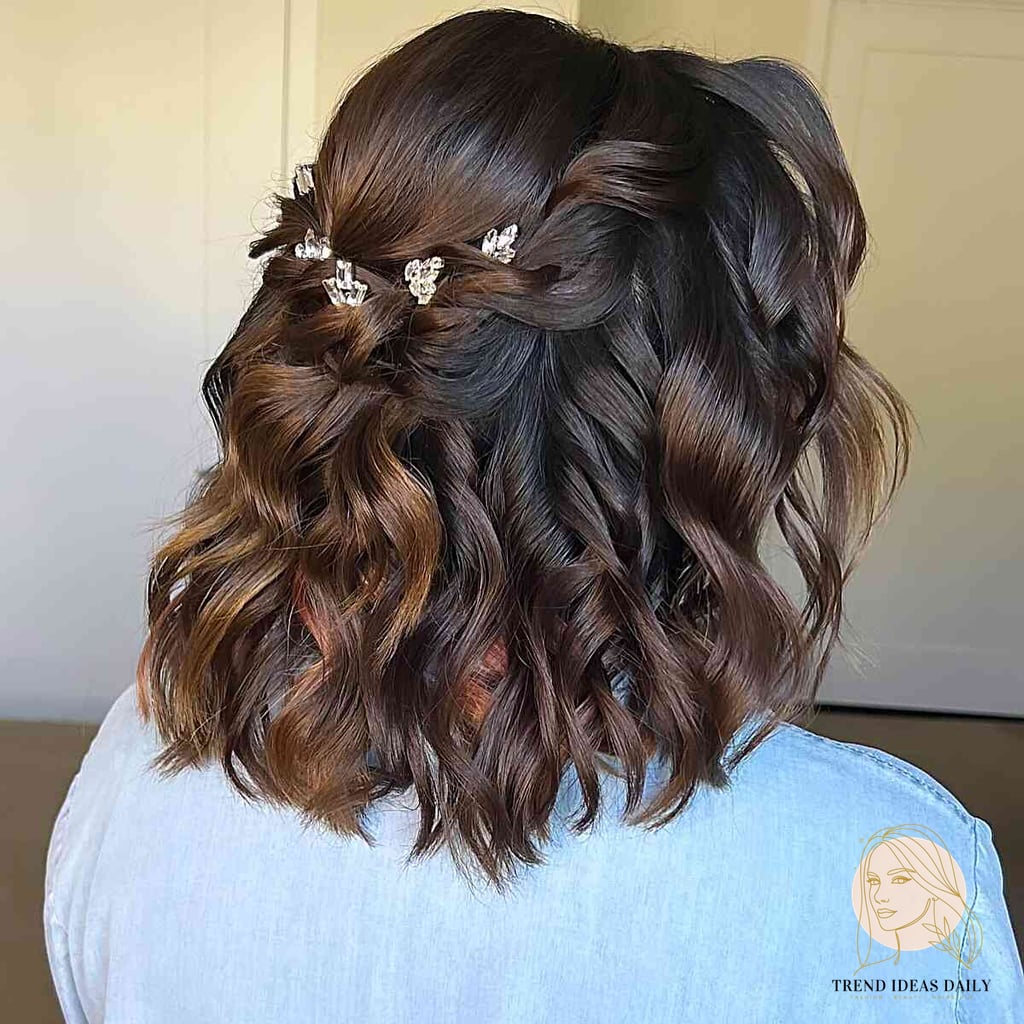 Chic Half-Up Curly Bob with Decorative Pins