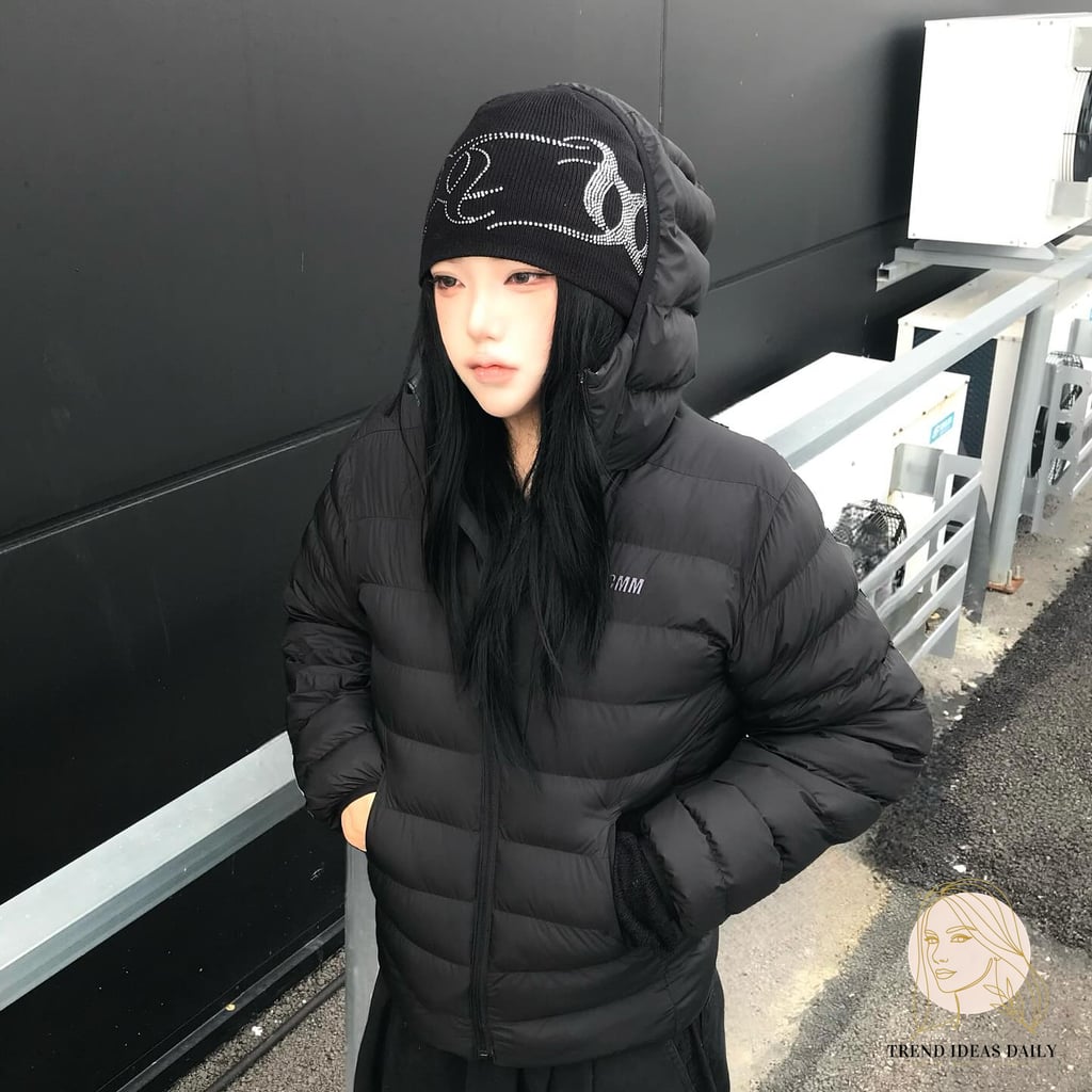 Chic Length Black Straight Cut with Beanie
