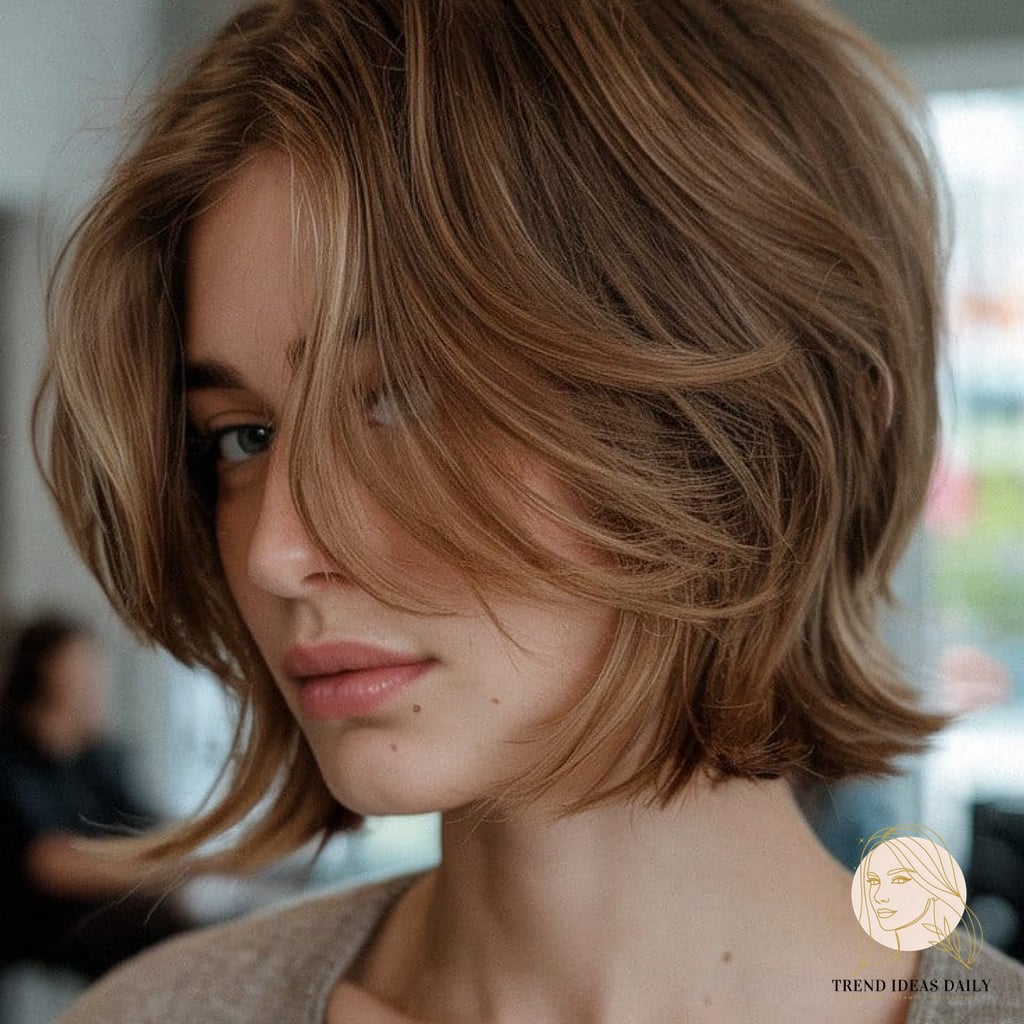 Choppy Bob Haircut With Soft Waves And Natural Brown Tones