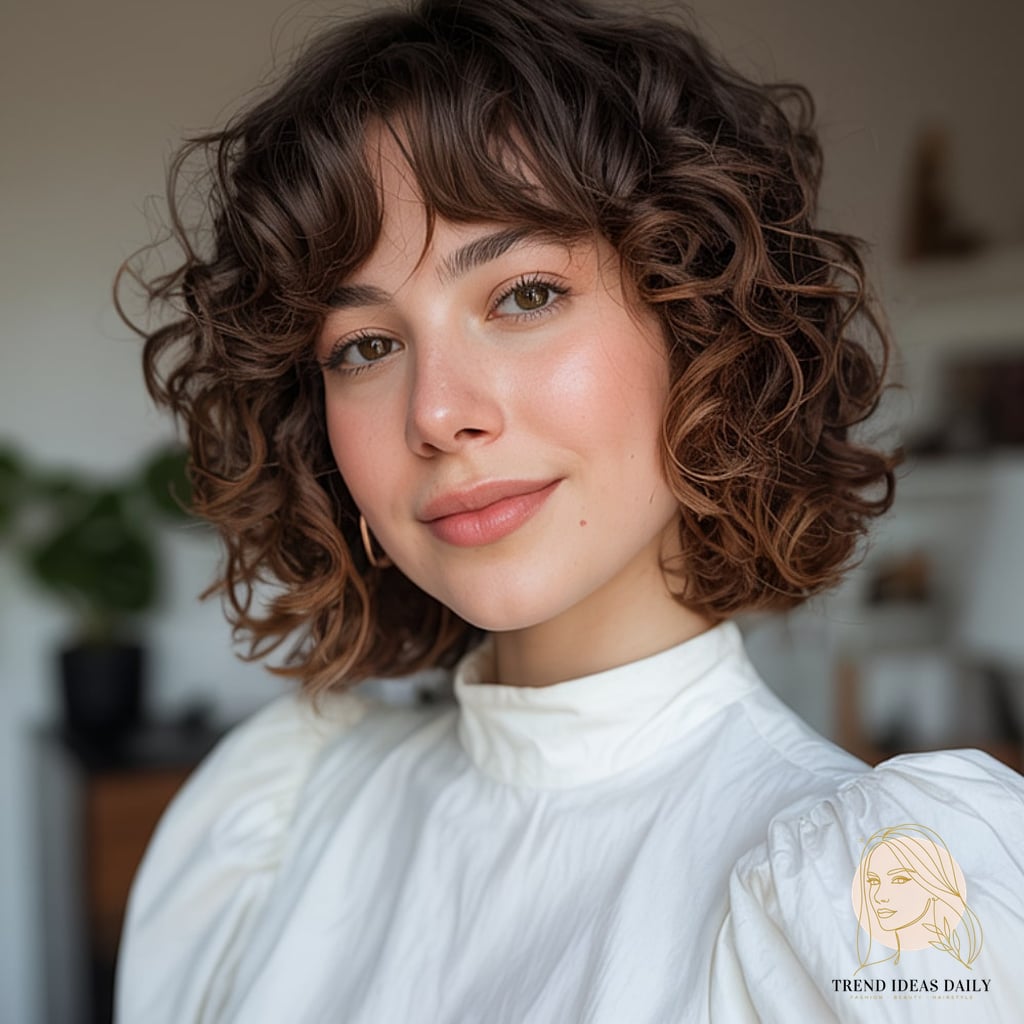 16 Hair Styles For Short Hair Curly That Are Actually Easy to DIY 10 Curtain Bangs on Curly Hair for Face Framing