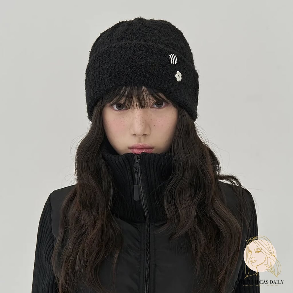Effortlessly Textured Long Layers with Cute Black Beanie