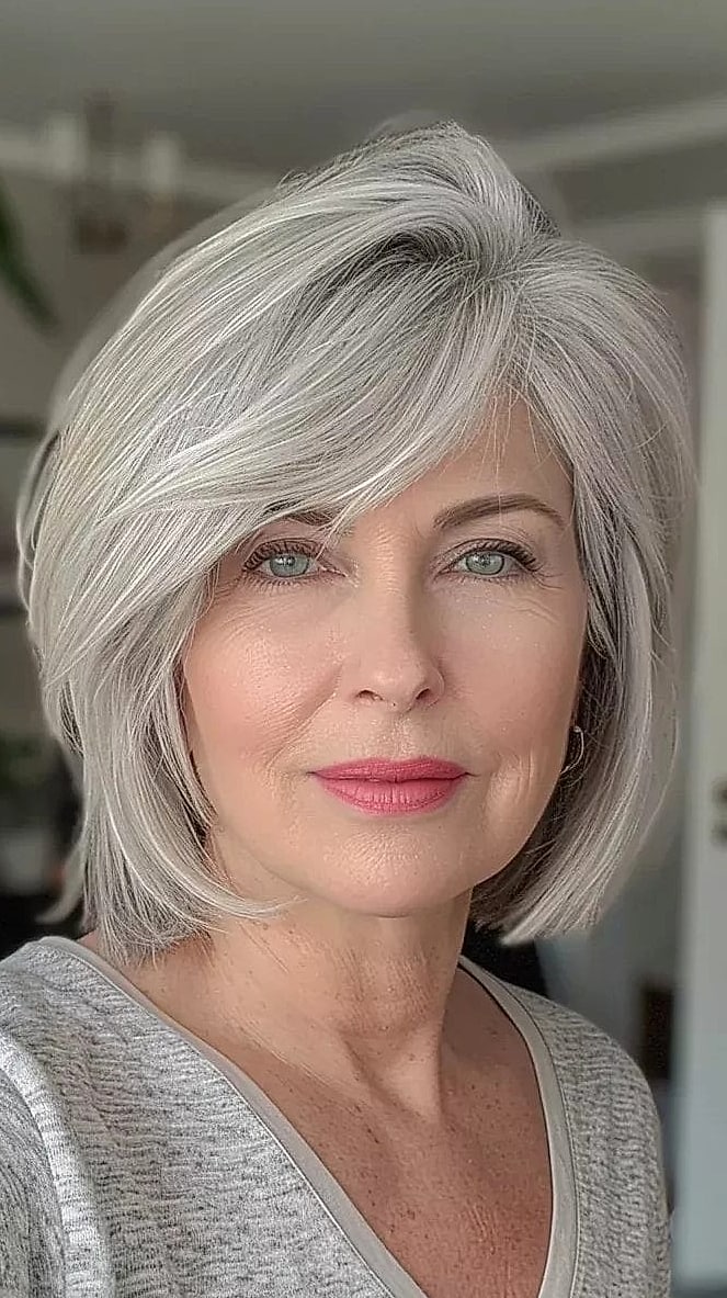 15 Cute Medium Hairstyles Looks That Will Seriously Inspire You 9 Elegant Silver Bob with Sleek Contouring