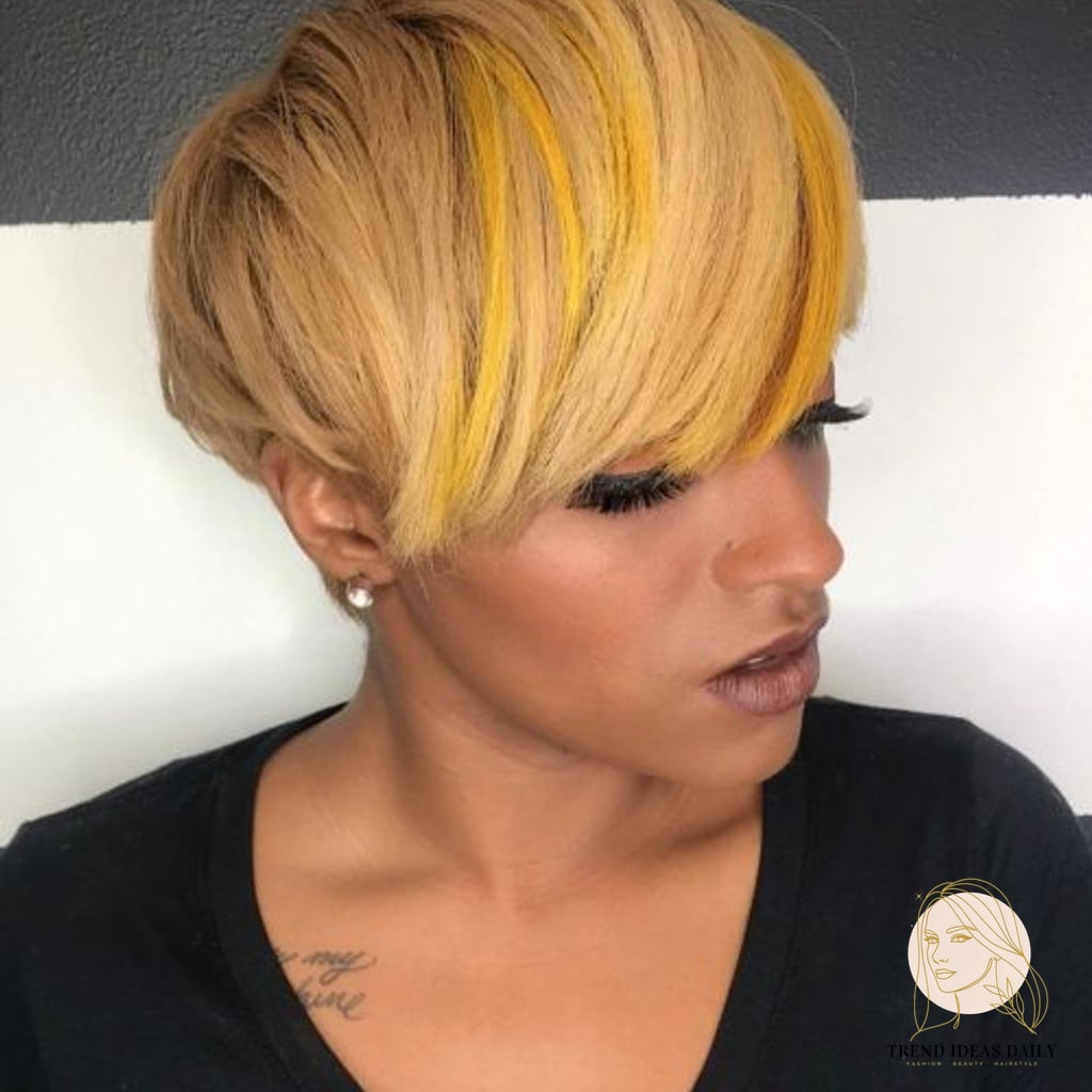 19 Cute Hair Colors For Short Hair for When You Need a Fresh Change 3 Golden Pixie with Yellow Streaks