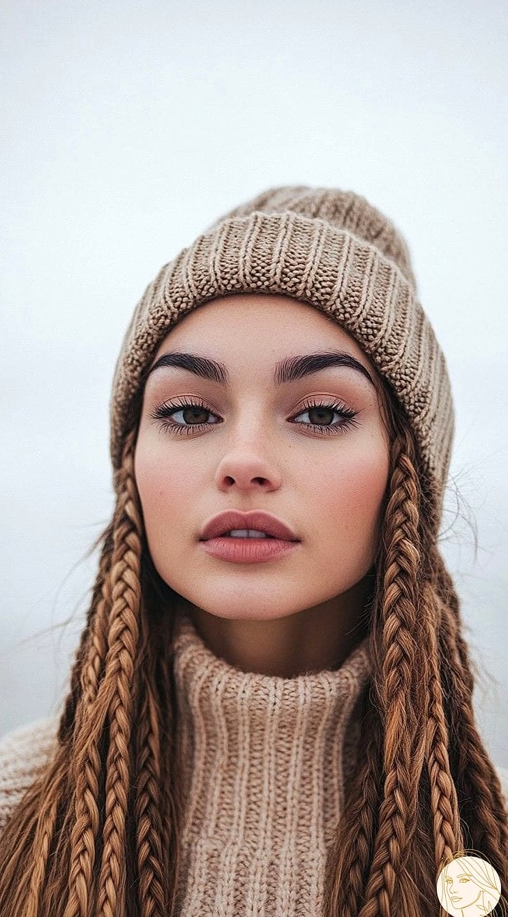 Long Cascading Curls with Emerald Knit Beanie