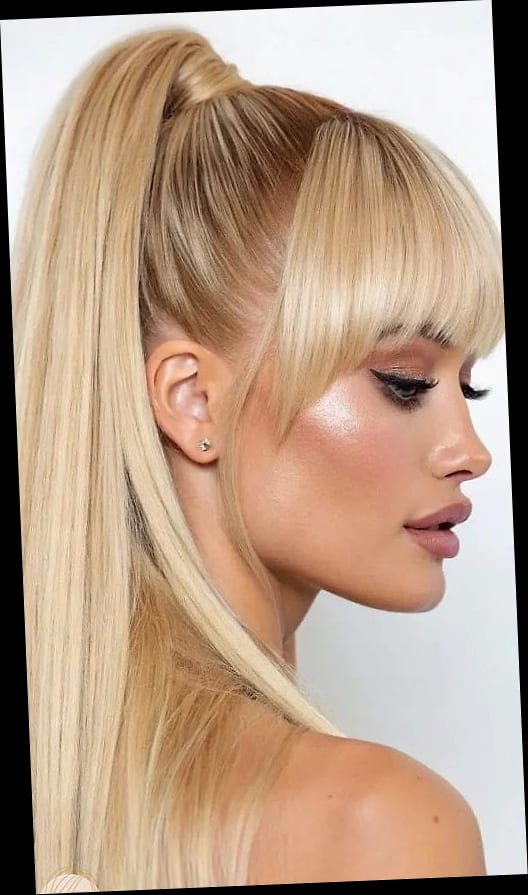 11 Easy Ponytail Hairstyles Medium We're Obsessed With Right Now 8 Ponytail with Bangs