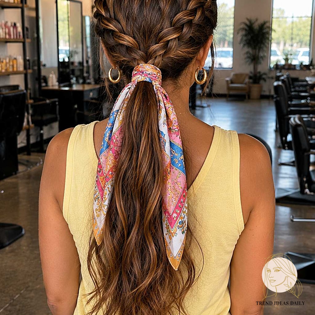 Scarf-Tied Double French Braid Ponytail