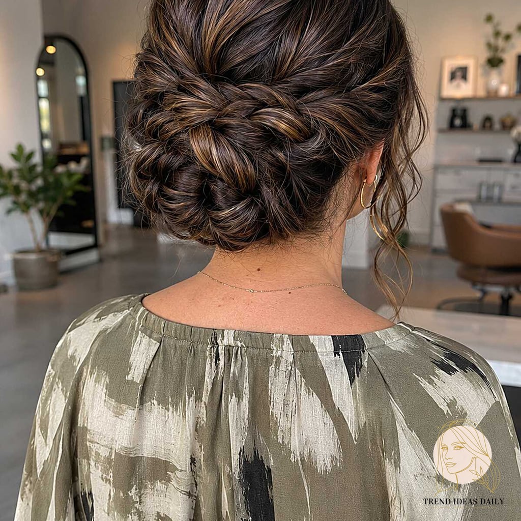 Textured Low Braided Updo with Warm Highlights