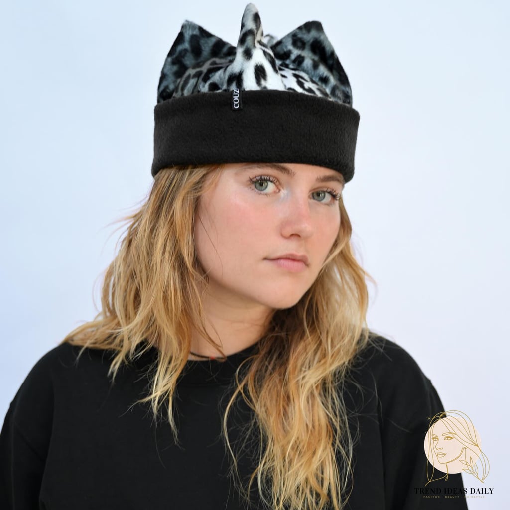 Textured Tousled Blonde Locks with Animal Print Beanie