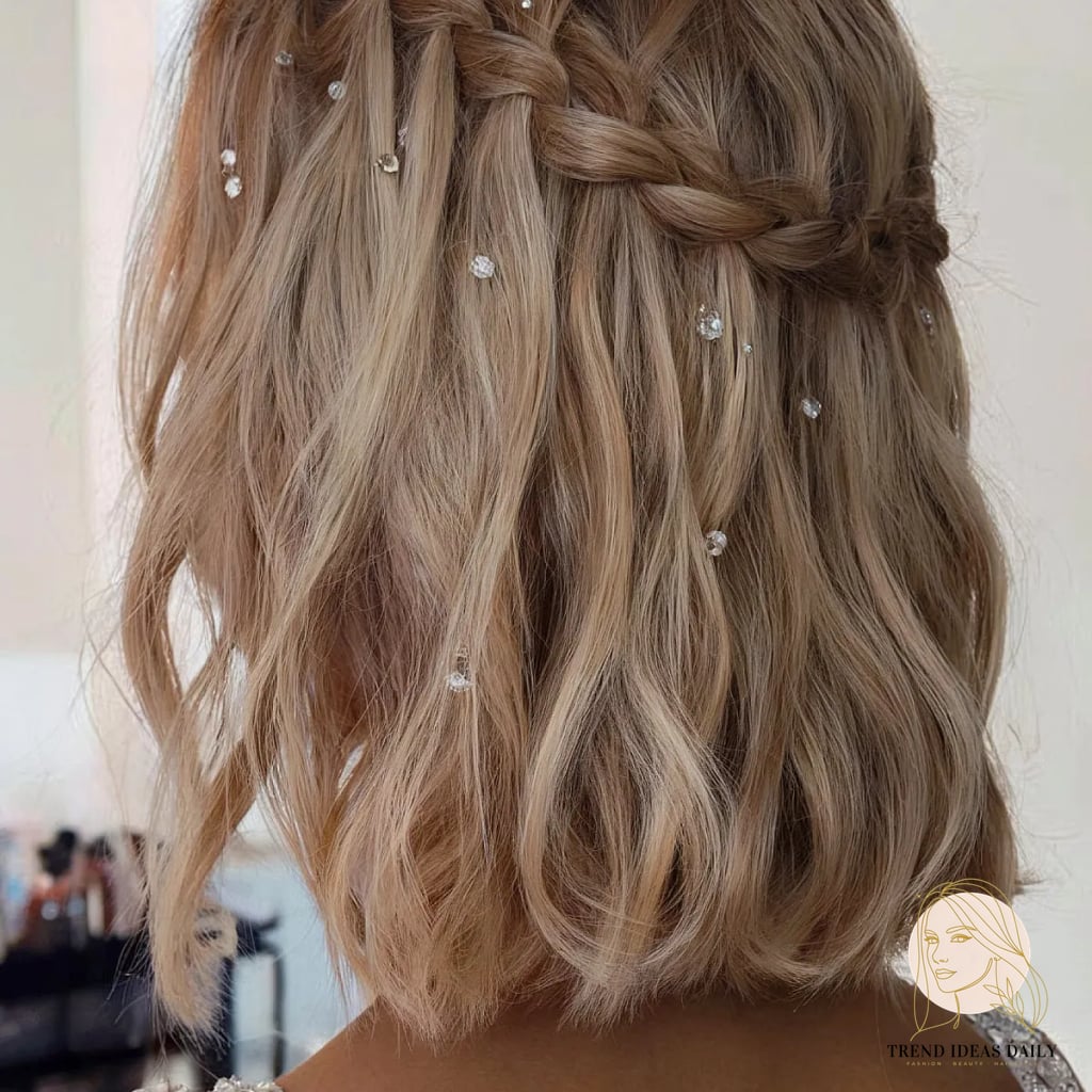 22 Easy Prom Hairstyles For Short Hair You'll Want to Re-Create Immediately 6 Wispy Waterfall Braid with Gems